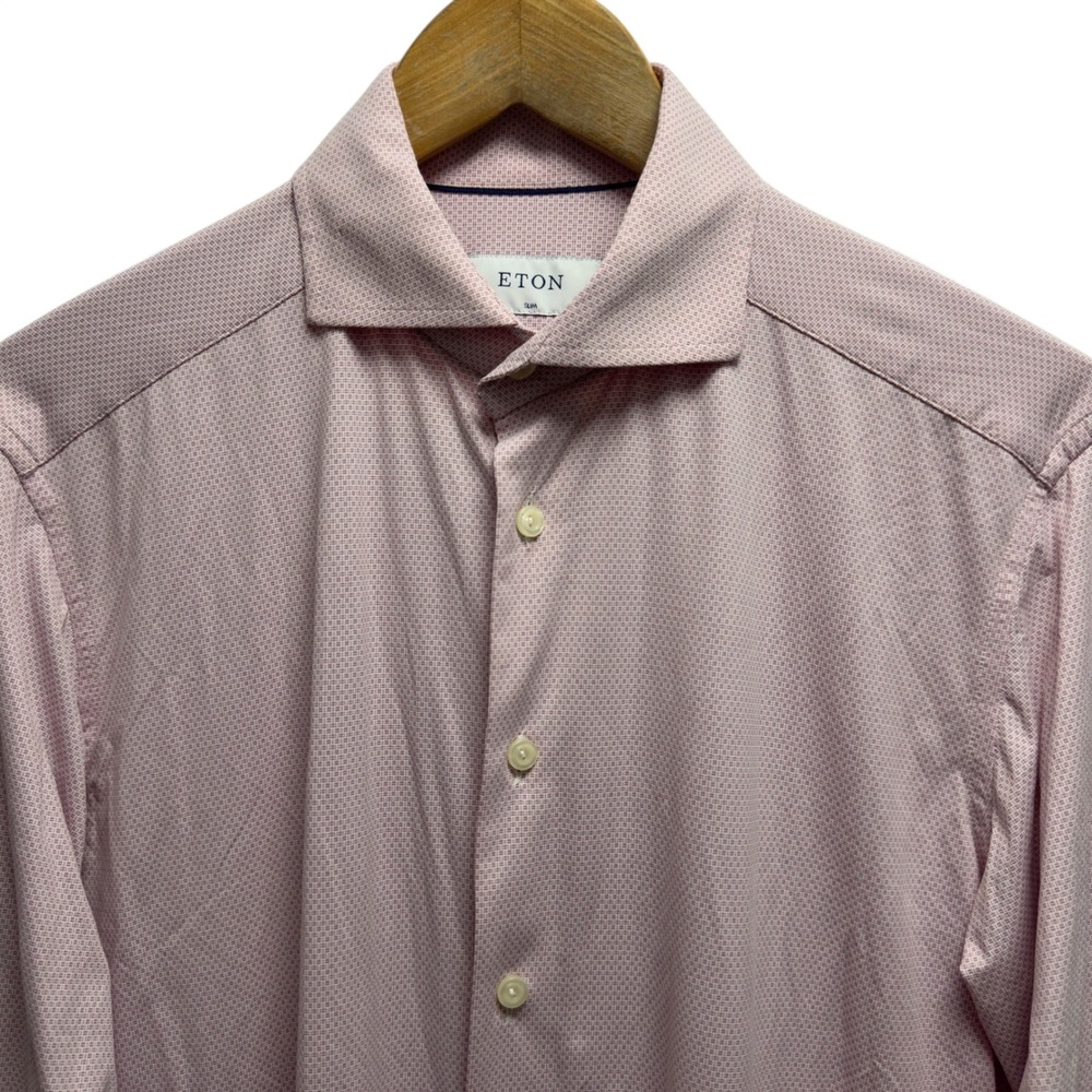 Eton Men's 15.5/39 Slim Pink/White Geometric Performance Stretch Dress Shirt euc